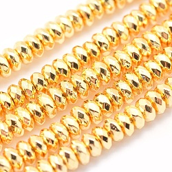 Electroplate Non-magnetic Synthetic Hematite Beads Strands, Grade AA, Long-Lasting Plated, Faceted, Rondelle, Golden Plated, 6x3mm, Hole: 1mm, about 142pcs/strand, 15.7 inch(40cm)