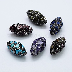 Perles de strass en argile polymère, avec des perles de puces de pierres précieuses naturelles, ovale, 30~32x15~16mm, Trou: 1mm