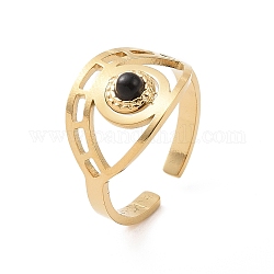 304 anillo de dedo abierto hueco de mal de ojo de acero inoxidable, anillo de brazalete de banda ancha de piedra negra para mujer, dorado, 2.3~12mm, diámetro interior: tamaño de EE. UU. 7 1/4 (17.5 mm)