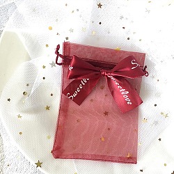 Rectangle Organza Drawstring Bags, Bowknot Gift Storage Pouches, Dark Red, 15x10cm