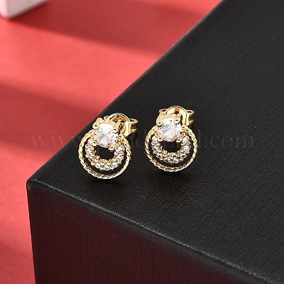 Плоские круглые серьги-гвоздики из латуни с микропаве и цирконием EJEW-A135-05G-1