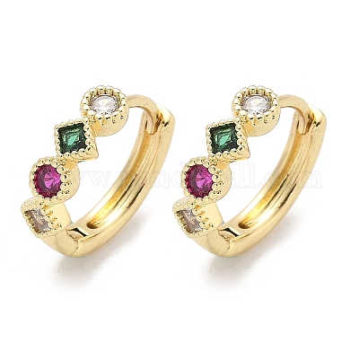 Серьги-кольца в виде ромба с круглыми латунными микрокристаллами из разноцветных кубических цирконий EJEW-Z102-35G-1