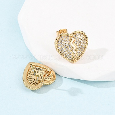 Серьги-гвоздики с разбитым сердцем из латуни с микропаве из кубических цирконий EJEW-B153-19G-03-1