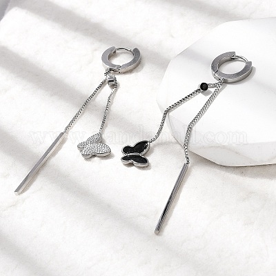 Серьги-кольца с кисточками и эмалью в виде бабочек из нержавеющей стали 304 EJEW-G453-10P-1