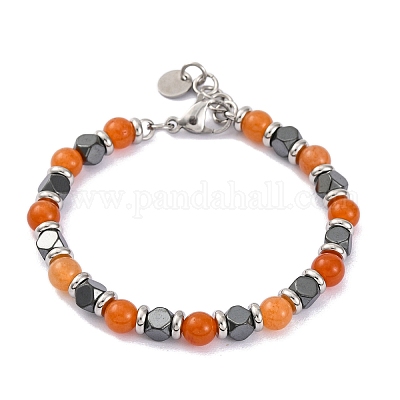 Браслет из круглых бусин из натурального сердолика и магнитного синтетического гематита X-BJEW-P339-02P-01-1