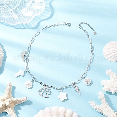 Цепочка-скрепка из латуни с подвеской из сплава и натуральной белой ракушки для женщин NJEW-JN05406-01-1