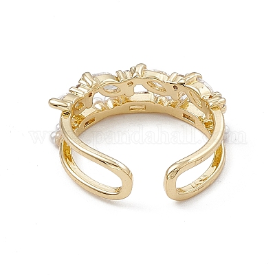 Открытое кольцо-манжета из прозрачного кубического циркония с конским глазом и пластиковым жемчугом RJEW-G276-12G-1