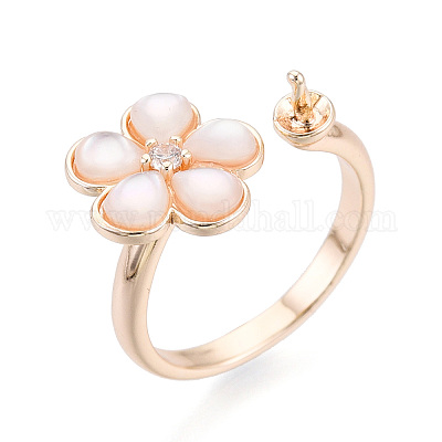 Оправы для колец-манжет из латуни с микропаве из прозрачных кубических цирконий и ракушек KK-T076-75G-1