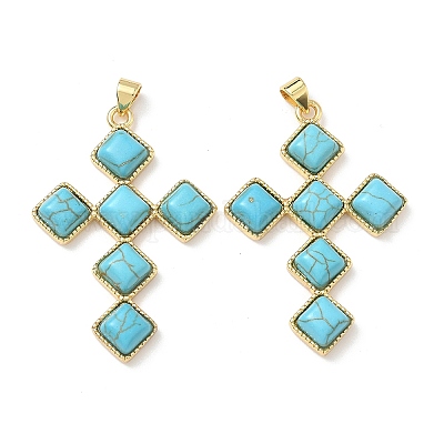 Подвески-кресты из окрашенной синтетической бирюзы в форме ромба KK-P330-10G-1