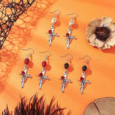 3 пара двухцветных сережек-подвесок из сплава синтетической бирюзы с цветочным узором на Хэллоуин EJEW-JE06484-1