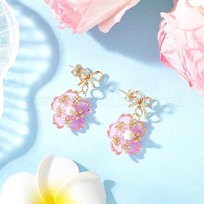 Серьги-гвоздики с подвесками из стеклянных бусин ручной работы в виде цветка EJEW-MZ00471-02-1