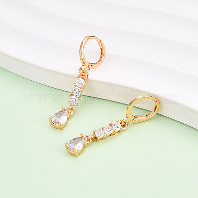 Серьги с подвесками на защелке из латуни с микропаве и фианитами EJEW-N058-07G-1