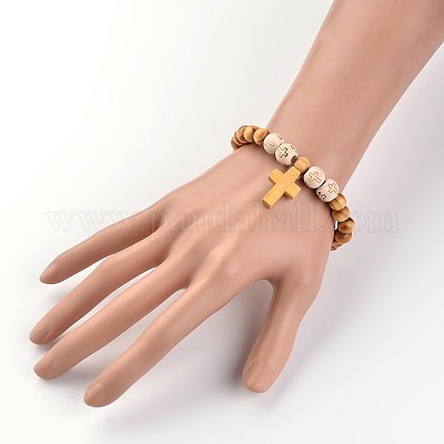 Крест из дерева из бисера стрейч шарм браслеты X-BJEW-JB02220-1
