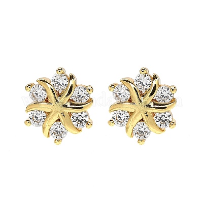 Серьги-гвоздики из прозрачного кубического циркония с цветочным узором из латуни и микропаве EJEW-D318-10G-1