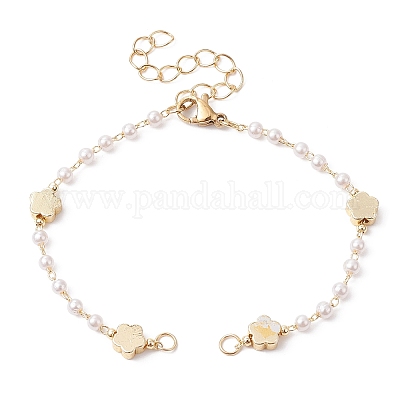 Wholesale Imitation Pearl & Flower Brass Link Chain Bracelet