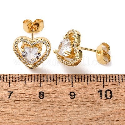 Серьги-гвоздики в форме сердца из латуни с прозрачным фианитом и прозрачным фианитом EJEW-K267-20G-1