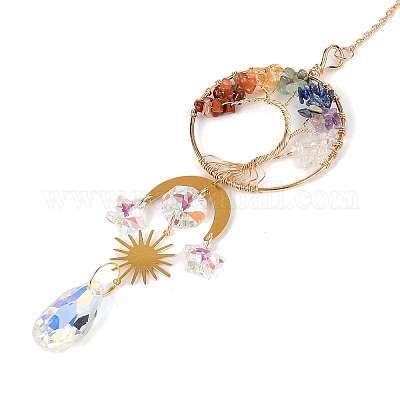 Обернутые проволокой подвески из натуральных смешанных драгоценных камней «Древо жизни» HJEW-K046-06G-01-1