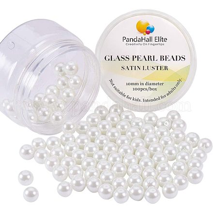 Pandahall Elite ca. 100 Stück 10mm winzige Satin Glanz Glasperlen Perle runde lose Abstandsperlen für Schmuck machen weiß HY-PH0001-10mm-001-1