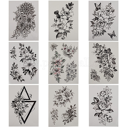 GORGECRAFT 9Pcs Black Rose Flower Butterfly Temporary Tattoo Stickers Floral False Tattoos Body Art Arm Sketch Long Lasting Realistic Waterproof Tattoo Sticker for Women Men Parties Performances STIC-GF0001-14-1