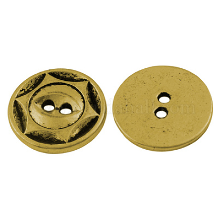チベット風のボタン  鉛フリー及びカドミウムフリー  フラットラウンド  アンティーク黄金  サイズ：直径約16.5mm  厚さ2mm  穴：2mm X-GLF11281Y-1