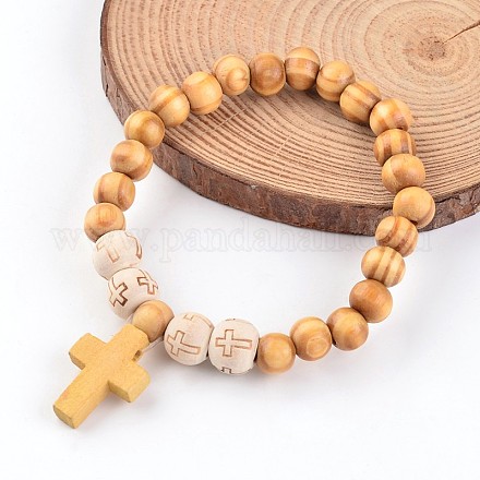 Крест из дерева из бисера стрейч шарм браслеты BJEW-JB02220-1