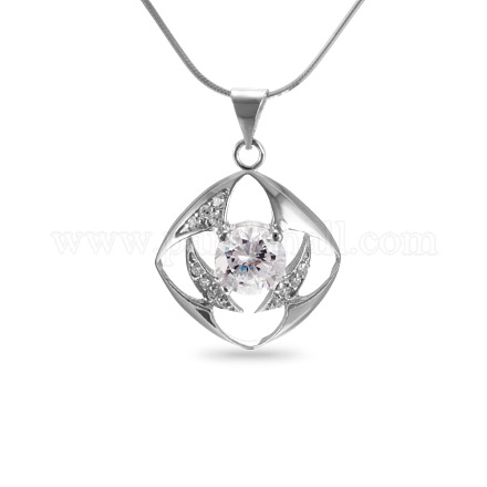 TINYSAND 925 Sterling Silver Hollow Rhombus Rhinestone Pendant Necklaces TS-N158-S-16-1