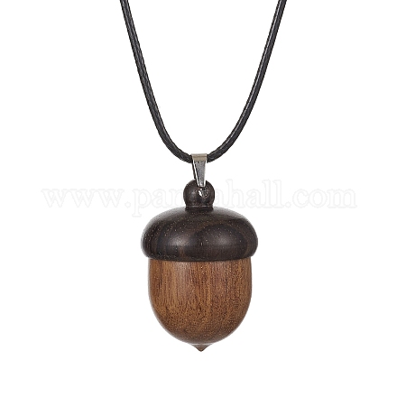 Collana con ciondolo medaglione in legno di ebano a forma di ghianda con cordini in cera NJEW-JN04485-1