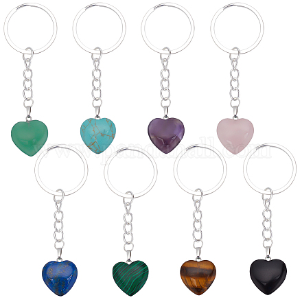 8pcs porte-clés pendentif coeur pierres précieuses KEYC-PH01498-1