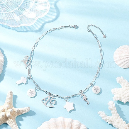 Цепочка-скрепка из латуни с подвеской из сплава и натуральной белой ракушки для женщин NJEW-JN05406-01-1