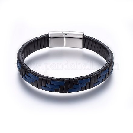 レザーコードブレスレット  304ステンレス鋼磁気クラスプ付  長方形  ブルー  8-5/8インチ（22cm）  12x4mm BJEW-G603-16A-1