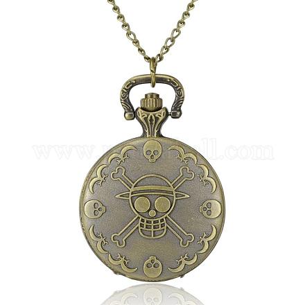 Flat Round with Skull and Crossbones Alloy Quartz Pocket Watches WACH-N039-13AB-1