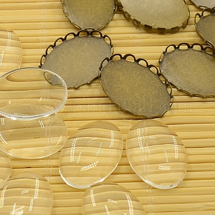 アンティークブロンズ真鍮のカボションのセッティングやDIYジュエリーには楕円形の透明なクリアガラスカボション  鉛フリー＆カドミウムフリー  アンティークブロンズ  カボション：19x14mm  トレイ：13x18mm  ガラス：18x13x4.5ミリ KK-MSMC015-14-1