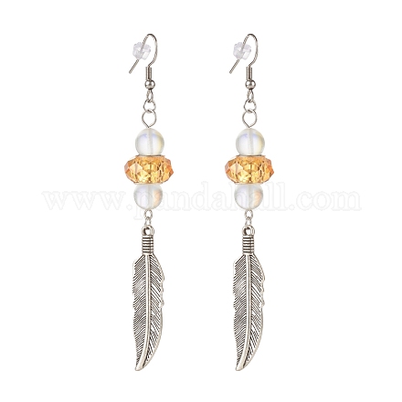 Feder mit runden Perlen lange baumelnde Ohrringe für Mädchenfrauen EJEW-JE04681-04-1