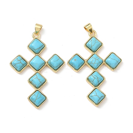 Подвески-кресты из окрашенной синтетической бирюзы в форме ромба KK-P330-10G-1