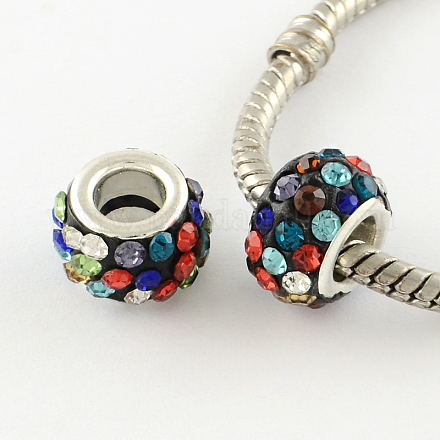 Polymer Clay Rhinestone European Large Hole Beads with Silver Color Plated Brass Cores FPDL-R002-17-1