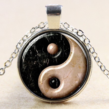Feng Shui Yin-Yang Pattern Flat Round Glass Pendant Necklaces NJEW-N0051-010F-02-1