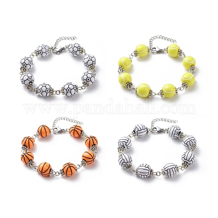 Bracelet de perles rondes en acrylique sur le thème du ballon de sport BJEW-JB08660-1