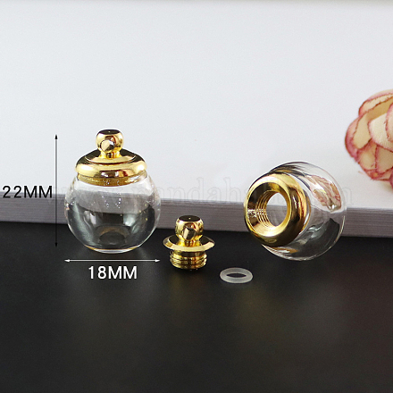 透明なガラスの開閉可能な香水瓶のペンダント  真鍮パーツ  ラウンド  透明  2.2x1.8cm BOTT-PW0001-133A-03-1