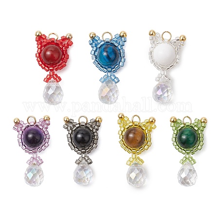 Подвески в форме кошки из натуральных смешанных драгоценных камней и стеклянных бусин ручной работы PALLOY-MZ00488-1