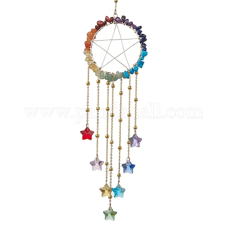 Кольцо с драгоценными камнями в проволоке из 7 чакры и подвеской в виде звезды HJEW-ST00001-1