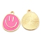 Alloy Enamel Pendants, Golden, Flat Round with Smiling Face Charm, Hot Pink, 24.5x20x1.5mm, Hole: 2mm