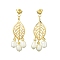 Natural Pearl Chandelier Earrings, Alloy Leaf Long Drop Earrings, Golden, 42.5x16mm