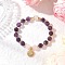 Natural Amethyst & Quartz Crystal & Rose Quartz Round Beaded Bracelets, Brass Micro Pave Clear Cubic Zirconia Sun Charm Bracelets for Women, Inner Diameter: 2-1/8 inch(5.3cm)