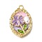 Alloy Enamel Pendants, with ABS Imitation Pearl, Oval with Flower, Rack Plating, Long-Lasting Plated, Lead Free & Cadmium Free & Nickel Free, Golden, Lilac, 31x21x5mm, Hole: 2.2mm