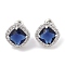 Brass Pave Cubic Zirconia Square Stud Earrings for Women, Platinum, Blue, 12.5x12.5mm