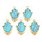 Brass Connector Charms, with Synthetic Turquoise, Cadmium Free & Nickel Free & Lead Free, Real 18K Gold Plated, Hamsa Hand/Hand of Miriam, Dark Turquoise, 19.5x12x3mm, Hole: 1.2mm