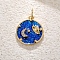 Brass Micro Pave Cubic Zirconia Moon Pendants, with Opal, Flat Round, 18x14mm