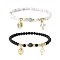 Natural Howlite & Dyed & Heated Black Agate Beaded Bracelets Sets, Brass Religion Virgin Mary & Cross Charm Bracelet for Women Men, Golden, Inner Diameter: 2-1/4 inch(5.7cm), 2pcs/set