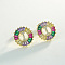 Brass Colorful Cubic Zirconia Stud Earrings, Flat Round, Golden, Letter I, 16x16mm