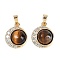 Brass Cubic Zirconia Pendants, with Natural Tiger Eye, Flat Round Charms, 15x12.5x6mm, Hole: 4.5x2.5mm